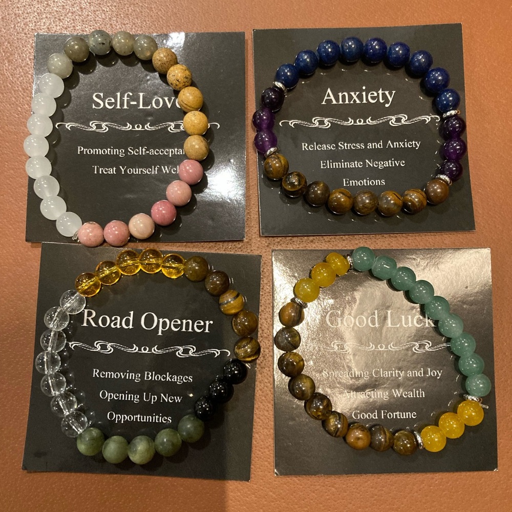 New Set of Six 8mm Healing Stone Stretch Bracelets 7.5"-8.5" Individual Pouches